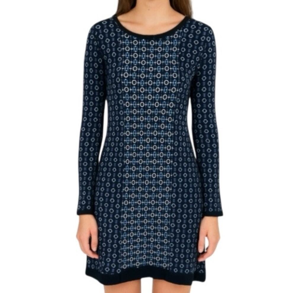 Topshop Blue Patterned Knit Long Sleeve Mini Dress Size 2